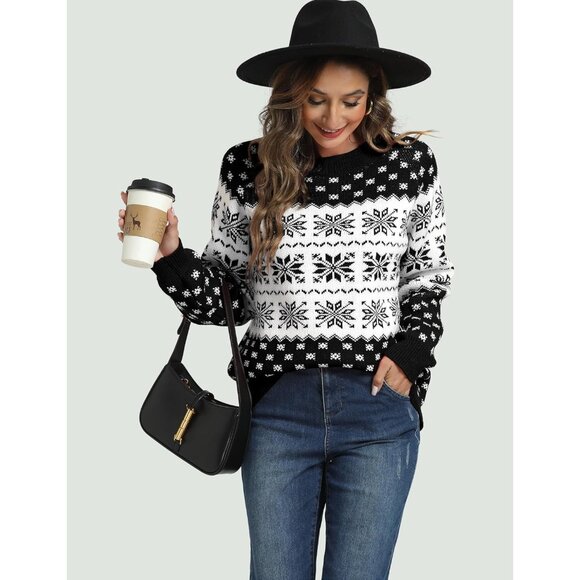 Women Ugly Christmas Black#3 Sweater Reindeer Snowflake Knit Pullover Crew Neck - Picture 4 of 6